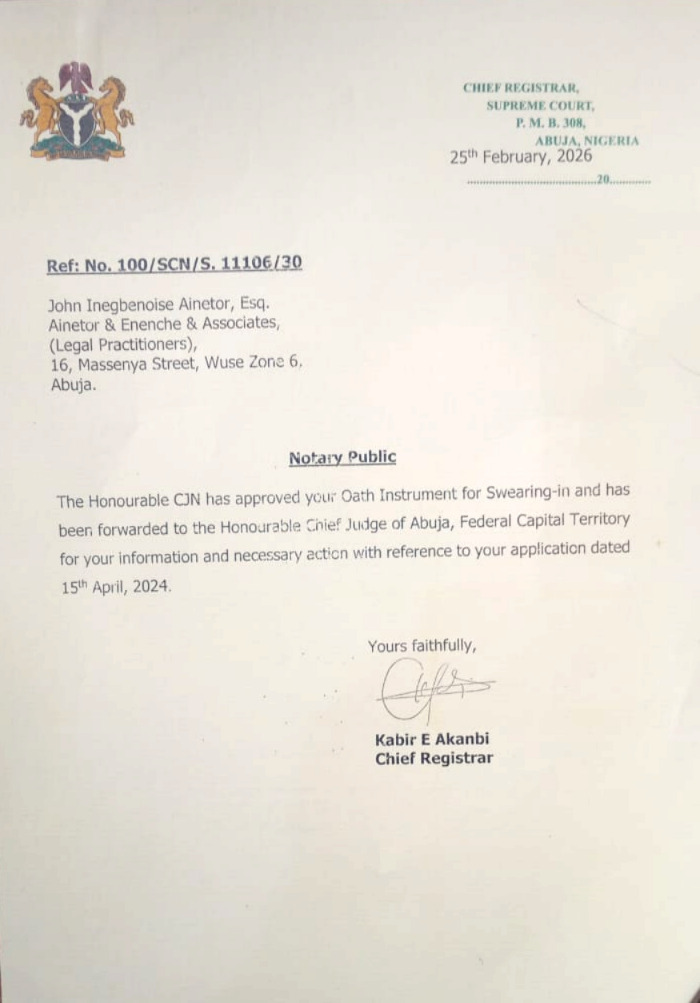 Notary Public approval letter from the Supreme Court of Nigeria, addressed to John Inegbenoise Ainetor, Esq.